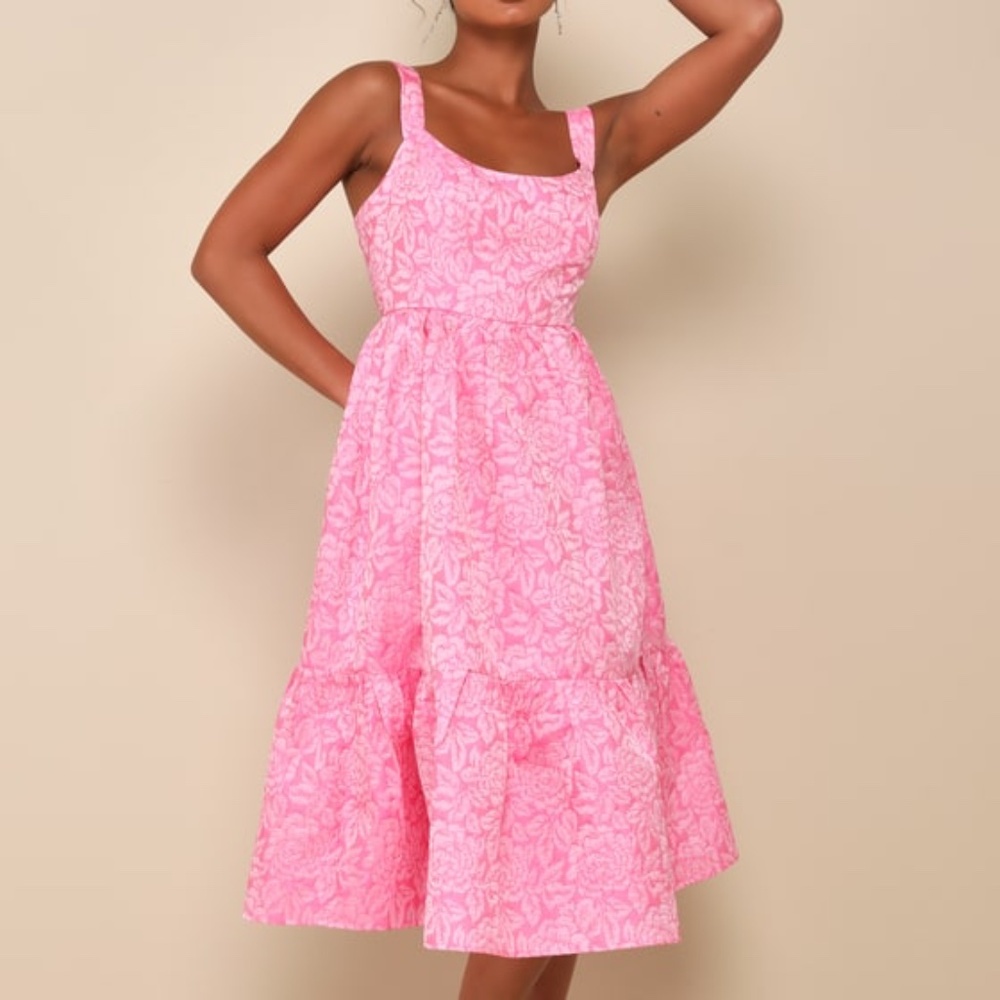 Lulus Spanish Getaway Pink Floral Lace-up Midi Dress With Pockets - Size S